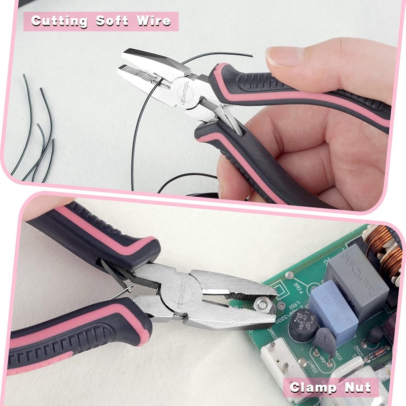 LEONTOOL Mini Linemans Pliers Spring Loaded 5 Inches Wire Cutter with Serrated Jaw Chromium Vanadium Steel Construction Mini Combination Pliers for Jewelry Making, Pink Tool for Women - Image 4